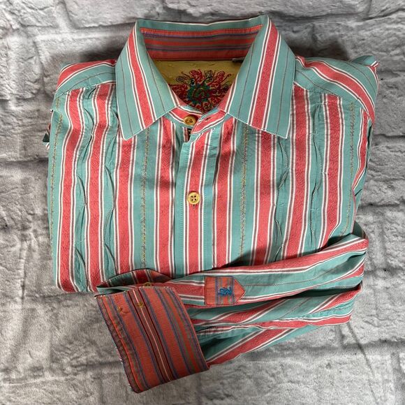 Robert Graham Pink Blue Stripe Embroidered Long Sleeve Casual Shirt Mens Large
